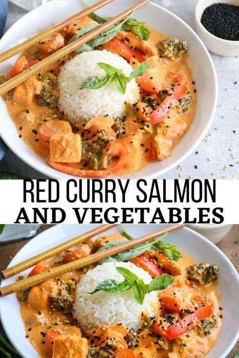 Thai Red Curry Salmon and Vegetables - Red Curry Salmon and Vegetables is remarkably flavorful cozy comfort food! Salmon lovers will delight in this powerfully vibrant meal! #thaifood #thai #redcurry #curry #salmon #salmonrecipes #healthyrecipes #glutenfree Red Curry Salmon, Salmon And Vegetables, Curry Salmon, Food Salmon, Salmon Vegetables, Salmon Curry, Healthy Salmon, Salmon Dishes, Vegetable Curry