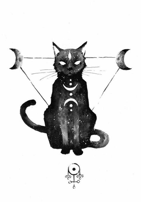 Familiar Cat Anime, A Black Cat, Witch Art, Wow Art, Art And Illustration, Moon And Stars, Cat Tattoo, Cat Drawing, Book Of Shadows