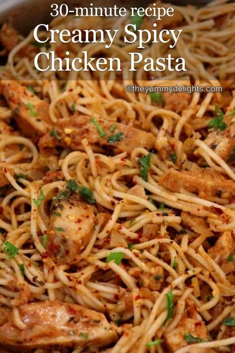 Creamy Spicy Chicken Spaghetti Pasta - The Yummy Delights Chicken Spaghetti Sauce Recipes, Spaghetti Recipes Chicken, Chicken Linguine Recipes, Chicken And Spaghetti Recipes, Spicy Chicken Spaghetti, Creamy Spicy Chicken, Chicken With Spaghetti Sauce, Noodle Meals, Italian Chicken Pasta Recipes