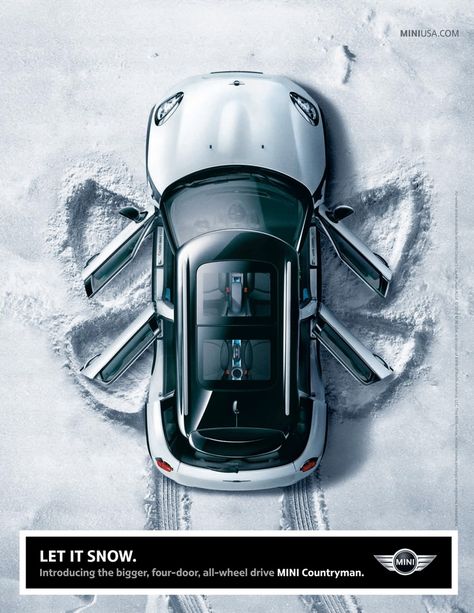 MINI Cooper "Let It Snow" Print Ad - Graphis Country Man, Funny Commercial Ads, Clever Advertising, Vintage Jeep, Funny Commercials, 광고 디자인, Commercial Ads, Publicidad Creativa, Funny Ads