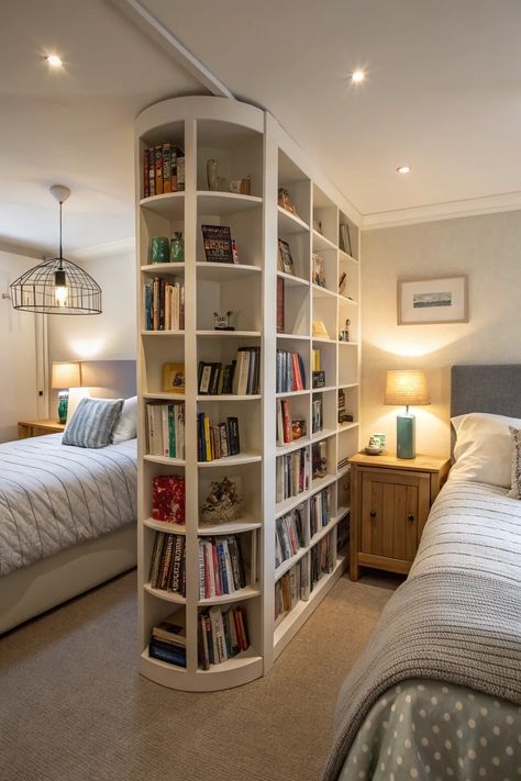 25+ Creative Ways to Divide a Shared Bedroom Bookcase Divider Bedroom, Room Saver Ideas Bedrooms, Shared Room With Divider, Large Bedroom Divider Ideas, Den Into Bedroom Convert, Make One Room Into Two Bedrooms, Partition Bedroom Ideas, Make One Bedroom Into Two, Studio Separation Ideas