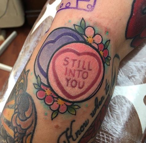 Love Hearts Candy, Emo Lyrics, Paramore Tattoo, Love Heart Tattoo, Candy Tattoo, Lyrics Tattoo, Love Heart Sweets, Amazing Tattoos, Sweet Tattoos