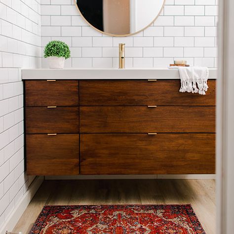 DIY vanity Plans for Ikea Odensvik Sink. Cherry Wood Vanity. Printable Plans Vessel Sink Small Bathroom, Bungalow Bathroom Ideas, Build A Bathroom Vanity, Build A Bathroom, Ikea Hack Bathroom, Floating Wood Vanity, Floating Vanity Bathroom, Ensuite Ideas, Bathroom Renovation Diy