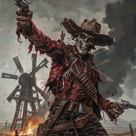 From dust-laden tales where the tumbleweeds roll, emerges the gunslinger with an undead soul. 🤠💀🔫 #darkcowboy #undeadoutlaw #westernhorror #gunfightergothic #wildwestphantom #hauntedfrontier #spookyshootout #cowboyoftheapocalypse #westernmythos #ghosttowngunslinger #sinistercowboy #wickedwest #supernaturalshowdown #dreadfuldesperado #mysticalwestern #demonicdueler #darkwestern #macabrewest #gunslingerghost #terrifyingtales #horrorwestern #fantasywestern #cowboycurse #outlawodyssey #legendoft... Undead Gunslinger, Undead Cowboy, Deadlands Rpg, Dark Cowboy, Horror Western, Dark Western, The Gunslinger, Skeleton Cowboy, Cowboy Stuff