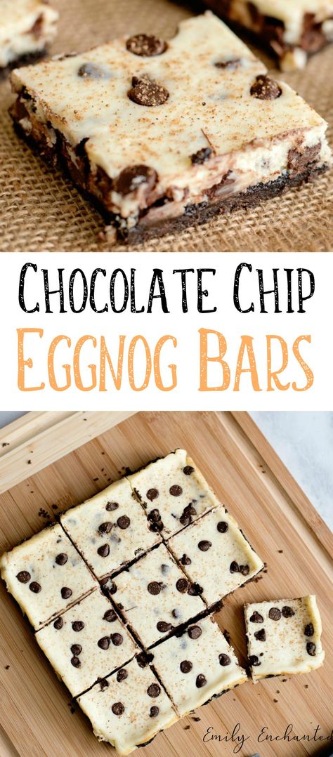 Chocolate Chip Eggnog Bars with Nutmeg Eggnog Bars Recipe, Eggnog Brownies, Eggnog Bars, Eggnog Desserts, Emily Enchanted, Chocolate Avocado Brownies, Eggnog Dessert, Eggnog Recipes, Christmas Eggnog