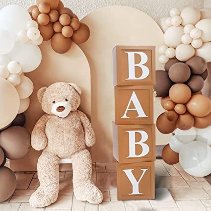 Baby Shower Blocks, Blocks With Letters, Teddy Bear Baby Shower Decorations, Brown Baby Shower, Gender Reveal Backdrop, Balloon Boxes, Baby Shower Box, Bear Baby Shower Theme, 1st Birthday Balloons