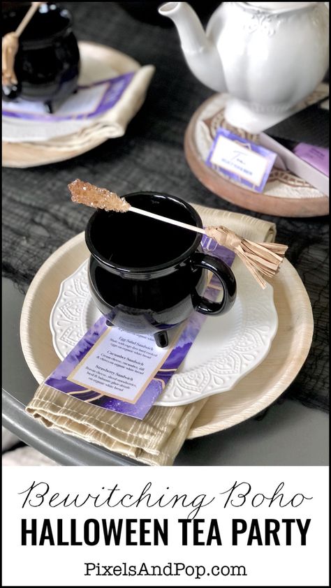 Halloween Tea Party Ideas Victorian Halloween Tea Party, Horror Tea Party, Witch Party Table Decor, Halloween Glamping Party, Halloween High Tea Party, Witch Tea Party Ideas, Halloween Themed Tea Party, Witch Inspired Food, Witch Brunch Ideas