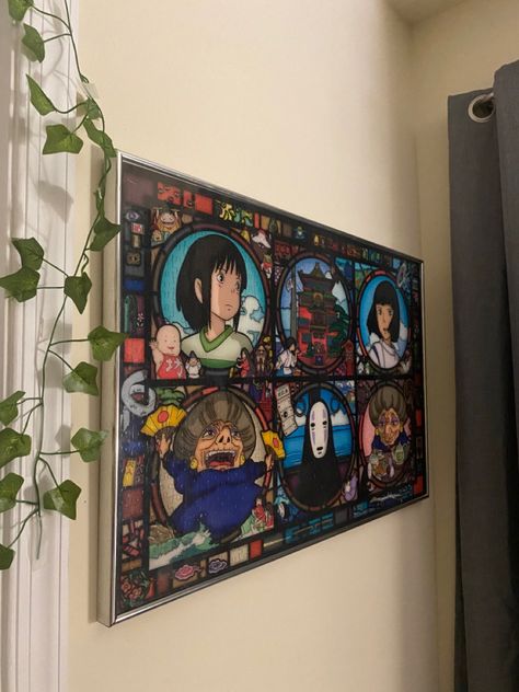 Studio Ghibli Inspired Decor, Anime Home Decor Ideas, Anime Gallery Wall, Anime Apartment Decor, Studio Ghibli Home Decor, Uni Notion, Album Wall Decor, Ghibli Girl, Ghibli Room