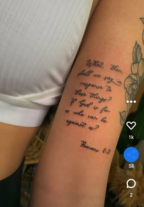 Roman’s 8:31 Tattoo, Romans 8 31 Tattoo, Artsy Tattoo Ideas, Writing Tattoo, Inspiring Quote Tattoos, Quote Tattoos Girls, Inner Arm Tattoos, Artsy Tattoos, Verse Tattoos