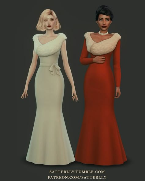 Elegant dress with fur - Monroe | Patreon The Sims 4 Cc Dresses Elegant, Sims 4 Cc Vintage Wedding Dress, Sims 4 Elegant Dress Cc, Sims 4 Korean Furniture, Sims 4 Hollywood Cc, Sims 4 Coat Accessory, Sims 4 Modest Clothes Cc, Sims 4 Tuxedo Cc, Sims 4 Cc Dress Elegant