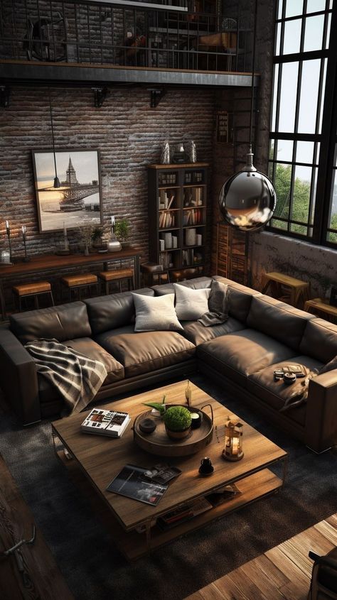 Industrial Loft Design Vintage Modern, Masculine Vintage Living Room, Masculine Rugs, Urban Industrial Living Room, Industrial Loft Living Room, Cozy Industrial Living Room, Cozy Masculine Living Room, Industrial Chic Living Room, Mini Gym At Home