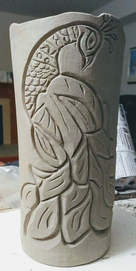 #carving in clay Clay Carving Ideas, Pottery Relief Carving, Carving In Clay, Clay Carving Designs, Scrifito Pottery, Pottery Designs Carving, Ceramic Vase Carving Ideas, Relief Carving In Clay, Pottery Carving Ideas