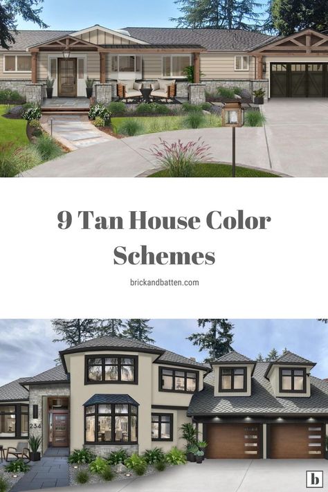 Light Tan Brick House Exterior, Exterior Color Schemes Brown, Tan Brick House Exterior, Tan Exterior House Colors, Brown Exterior House Colors, Tan House Exterior, Exterior House Paint Schemes, Outside House Paint Colors, Brown House Exterior