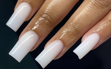 Milky Tapered Square Nails, White Nut Color Nails, Medium Length Milky White Acrylic Nails, Pure White Nails Acrylic, Milky White Medium Nails, Medium Length Milky White Nails, White Nails Glossy, Nails White Cream, Nutty White Acrylic Nails