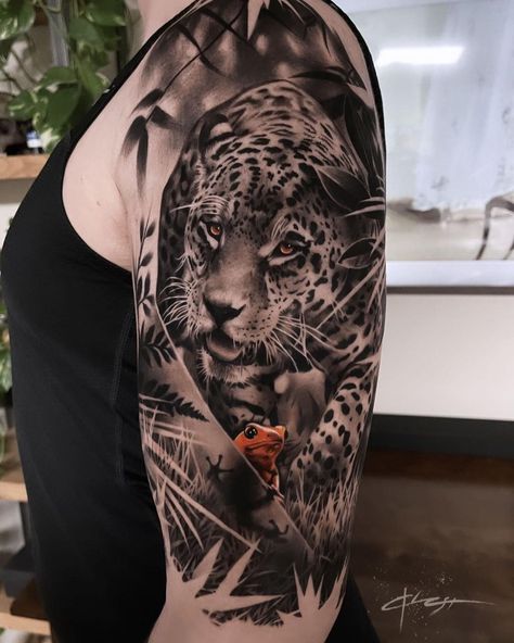 Jungle Leaves Tattoo Design, Leg Animal Tattoo, Jungle Tattoo Sleeve, Rainforest Tattoo, Family Sleeve Tattoo, Meaningful Tattoos For Men, Jungle Tattoo, Black Panther Tattoo, Tiger Tattoo Sleeve