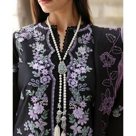 EMBROIDERED PRET BY REPUBLIC WOMENSWEAR Embrace elegance with intricate floral embroidery in lilac and pink on black panels. Featuring a keyhole neckline, fitted sleeves, and an appliqué dupatta adorned with bold floral patterns. FOR MORE DRESSES VISIT Kapraye - Pakistani Designer Dresses online Clothing Shop in UK/US/UAE Shipping worldwide🚚 Free Shipping in UK 80% off Shipping in US #pakistanidress #bridalmakeup #khaadi #sanasafinaz #pakistanidressesuk #kapraye #pakistaniwear #pakistanw... Republic Womenswear, Printed Linen Fabric, Fitted Sleeves, Embroidery Suits Design, Boutique Dress Designs, Keyhole Neckline, Boutique Dress, Pakistani Dress Design, Embroidery Suits