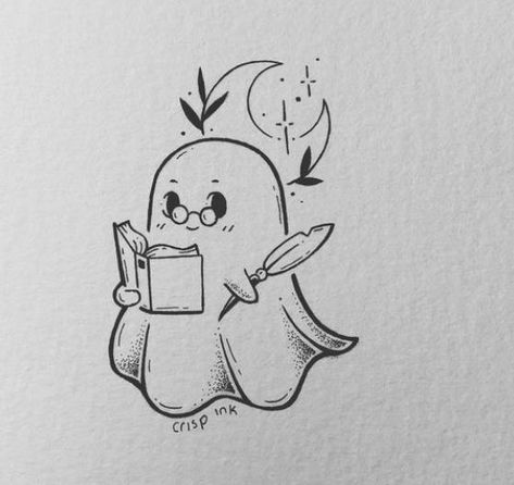 Cute Ghost Flash Tattoo, Crisp Ink Ghost, Book Ghost Tattoo, Thank You Sketch, Fun Cute Drawings, Ghost Holding Book Tattoo, Ghost Holding Coffee Tattoo, Tattoo Ideas Female Funny, Witchy Ghost Tattoo