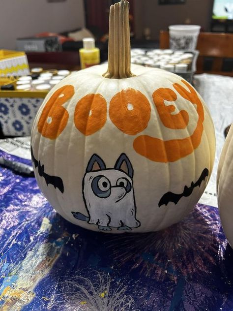 Baby Pumpkin Ideas Paint, Kids Pumkin Decoration Ideas, Halloween Town Pumpkin Painting, Pumpkin Painting Ideas Kid Friendly, Kid Painted Pumpkins Ideas, Cute Pumpkin Carving And Painting Ideas, Bluey Halloween Pumpkin, Painted Pumkin Decoration Ideas For Kids, Things To Carve On A Pumpkin