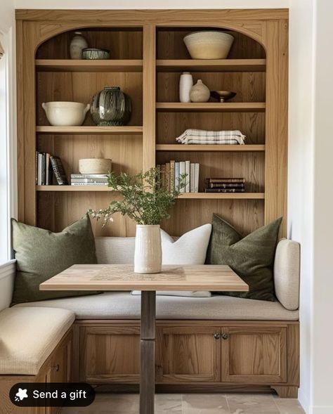 Built In Kitchen Table, Built In Banquette Seating, Alcove Seating, Kitchen Bookshelf, Alcove Shelving, Dining Corner, Banquette Seating In Kitchen, Jade Design, Built In Banquette