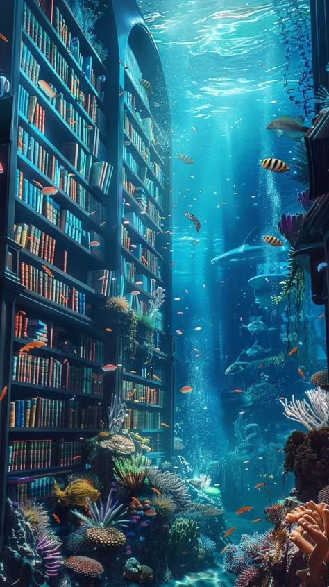 Underwater Ballroom, Underwater Library, Ocean Library, Asian Hot Sauce, Intense Art, Magical School, Public Parking, Underwater City, Fantasy Rooms