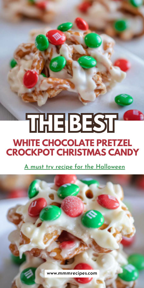 This White Chocolate Pretzel Crockpot Candy combines creamy, rich chocolate with the perfect crunch of pretzels, creating a sweet and salty holiday favorite! Super easy to make in the crockpot, it’s perfect for holiday gift-giving or Christmas dessert tables. Save this recipe for a festive treat everyone will love! Crockpot Candy With Pretzels, Pretzel Crockpot Candy, Easy Christmas Candy Recipes Simple, Christmas Recipe Dessert, Crockpot Christmas Candy, Chocolate Pretzels Recipe, Pretzel Candy, Crockpot Candy Recipes, Crockpot Christmas