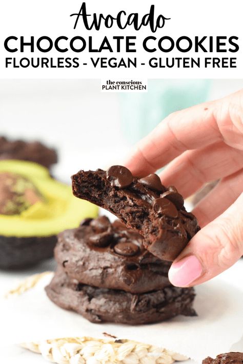 Conscious Plant Kitchen, Avocado Cookies, Gluten Free Chocolate Cookies, Vegan Chocolate Cookies, Flourless Chocolate Cookies, Vegan Cookies Recipes, Plant Kitchen, Avocado Chocolate, Vegan Snack