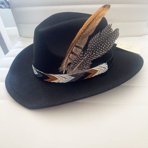 I Put This Hat Band And Feathers On Myself. Receive Another Hat Accessory For The With Purchase Of This Custom One! Tag On Hat! Adjustable String Hats With Feathers, Feathered Hat, Accessory Inspo, Feather Crafts, Feather Hat, Men's Hats, Black Hat, Hat Band, Hat Making