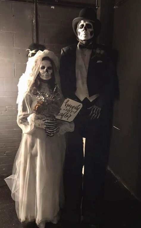 Skeleton bride and groom Halloween costumes Scary Bride And Groom Costumes, Skeleton Bride And Groom Costume, Bride And Groom Halloween Costumes Ideas, Dead Bride And Groom Costume, Zombie Bride And Groom Costume, Bride And Groom Halloween Costumes, Skeleton Bride Costume, Bride And Groom Costume, Bride And Groom Halloween