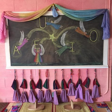 The first grade class discovering the magic of vowels! Waldorf Letters, Waldorf 1st Grade, Waldorf Education Homeschooling, Waldorf Lessons, Unschooling Resources, Teaching Vowels, Waldorf Math, Waldorf Curriculum, Blackboard Drawing