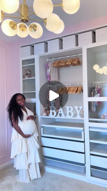 Jasmine Haney on Instagram: "Here’s how we transformed this space in 3 stages 👇🏾  1. Started by giving the walls a facelift with color and trim! Also added 4 recessed lights & a big light ✨  2. Added a built-in closet system. Organization is everything so I wanted to maximize the potential of the space hiding behind those builder-grade closet doors & my husband made my Pinterest dreams come true! If you’re DIYing this closet with the IKEA pax system you don’t have to build it into the wall. I just wanted to make the most of the space.   3. Decorations!   Comment “nursery” for available links   Other details   IKEA frame sizes  - purchased one - “39 3/8x22 7/8x92 7/8 “ frame - purchase two - “19 5/8x22 7/8x92 7/8 “ frame  Big Light fixture  - Opal Glass Globe Sputnik Chandelier - light fi Ikea Closet System, Ikea Pax System, Nursery Organisation, Diy Closet System, Bassinet Baby, Built In Closet, Baby Room Closet, Closet Transformation, Ikea Organization Hacks