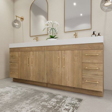 Elsa Spring 84" Double Sink Bathroom Vanity | Wayfair 72 Inch Bathroom Vanity Double Sinks, 84 Inch Bathroom Vanity, Wood Double Vanity, 72 Inch Bathroom Vanity, Bathroom Vanity Double Sink, Oak Bathroom Vanity, Oak Bathroom, Wood Bathroom Vanity, Floating Bathroom Vanity