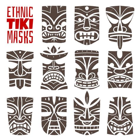 Premium Vector | Hawaiian masks prints Polynesian Tiki Tattoo Design, Tiki Head Drawing, Tiki Head Tattoo, Hawaiian Graphics, Hawaiian Tiki Mask, Totem Tiki, Tiki Pop, Noir Tattoo, Tiki Design