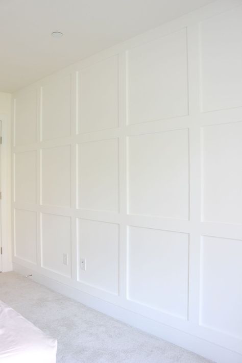 Square Wainscoting Wall, Box Trim On Wall Bedroom, Whole Wall Board And Batten, Wall Trims For Bedroom, Paneling Walls Bedroom, Board And Batten Basement, Square Board And Batten Wall, Bedroom Wall Trim, Batten Bedroom Wall