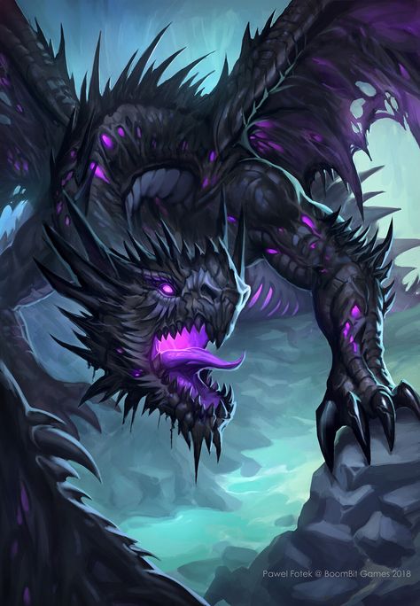 Nightmare Dragon Visual Update by Pawel FotekIllustration done in partnership with original Author Hyde For Mighty Heroes Card Game @ BoombitGames Black And Purple Dragon, Dark Dragon, Dragon Tattoo Art, Shadow Dragon, Dragon Artwork Fantasy, Cool Dragons, Dragon Pictures, Fantasy Creatures Art, Dragon Artwork