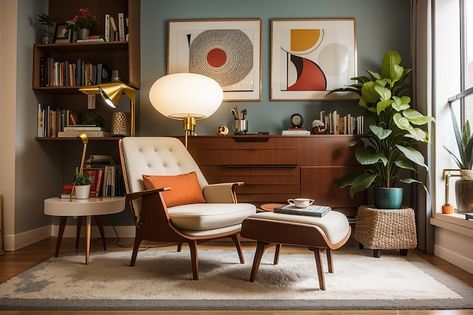 Mid century modern reading nook in an apartment | Premium AI-generated image Modern Reading Nook, Free Business Card Mockup, Presentation Template Free, Business Card Maker, Flyer Maker, Home Office Design, Logo Maker, Reading Nook, Office Design