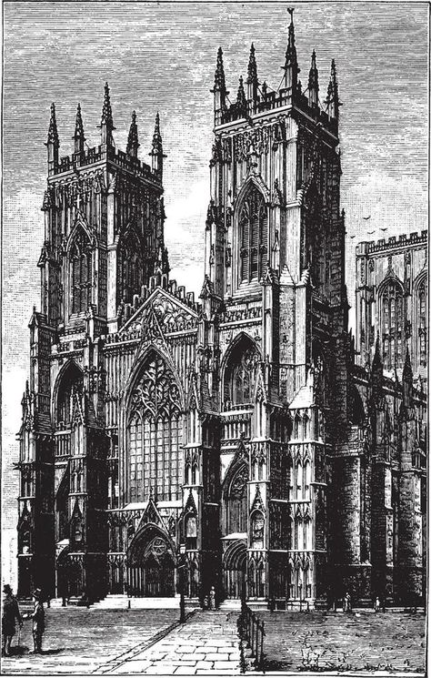 West Front of York Minster or Gothic cathedral, vintage engraving. Cathedral Tattoo, Gothic Architecture Drawing, Goth Architecture, Church Design Architecture, York Minster, Gothic Cathedrals, Cathedral Architecture, Gothic Cathedral, Gothic Church