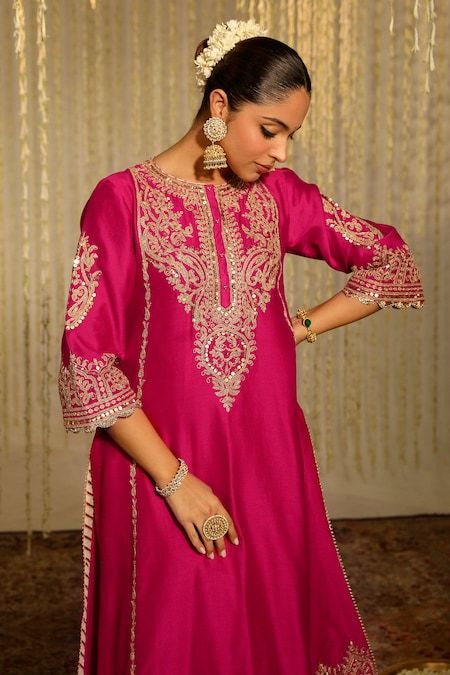 Buy Pink Kurta And Palazzo Silk Chanderi Embroidery Kiran Dori Mahika A-line Set For Women by Sheetal Batra Online at Aza Fashions. Chanderi Silk Suits, Kurta And Palazzo, Monday Outfit, Pink Anarkali, Pink Kurta, New Embroidery Designs, Designer Kurti Patterns, Kurti Patterns, Punjabi Dress