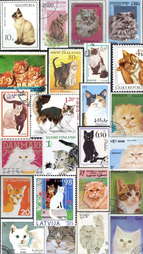 cat stamps🐈 #cats #cat #stamps #vintage #vintageaesthetic Vintage Cat Stickers, Stamps Aesthetic, Travel Photo Album, Stamps Vintage, Cat Collage, Cat Stamp, Nostalgic Images, Ipad Photo, Cute Desktop Wallpaper