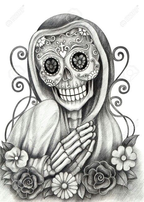 I will pray for all of us!!!  Super beauty draw SLVH ❤❤❤❤ Sugar Skull Drawing, Skull Art Tattoo, Hipster Drawings, Dead Hand, Kunst Tattoos, Day Of The Dead Art, Skull Art Drawing, Sugar Skull Tattoos, Skulls Drawing