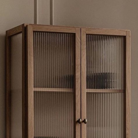 Marz Designs on Instagram: "NEW TO MARZ – Elegance is personified with the new Curiosity Cabinet by Menu. Traditional furniture techniques combine with Scandinavian aesthetics, while the reeded glass gracefully obscures the contents. It's the perfect piece for a hallway, dining room or living space.⁠ .⁠ .⁠ .⁠ #menu #scandinaviandesign #scandidesign #scandi #furniture⁠ #minimal #minimalist #homewares #nordicdesign #interiordesign #scandistyle #interiordecor #interiors #interiorinspo" Japandi Glass Cabinet, Glass Cupboard Design, Reeded Glass Kitchen, Fluted Glass Cabinet, Wood Glass Cabinet, Cabinet Aesthetic, Summer House Interior, Circular Dining Room, Wooden Glass Door