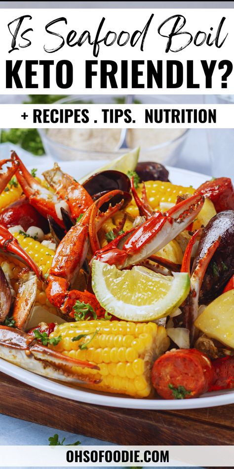 Text reads Is Seafood Boil Keto Friendly Low Carb Seafood Boil, Keto Shrimp Boil, Keto Crab Boil, Low Carb Shrimp Boil, Healthy Seafood Boil Recipes, Keto Seafood Boil, Crab Boil Recipe, Low Country Boil Recipe, Seafood Boil Recipe