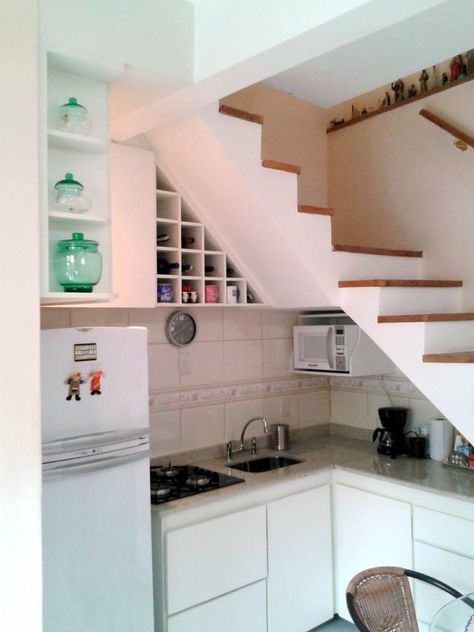 Small Kitchen Under Stairs, Kitchen Under Staircase, Kitchen Under Stairs Ideas, Kitchen Near Stairs, Understairs Kitchen, Stairs Wine Rack, Under Stairs Wine, Wine Rack Modern, Kitchen Under Stairs