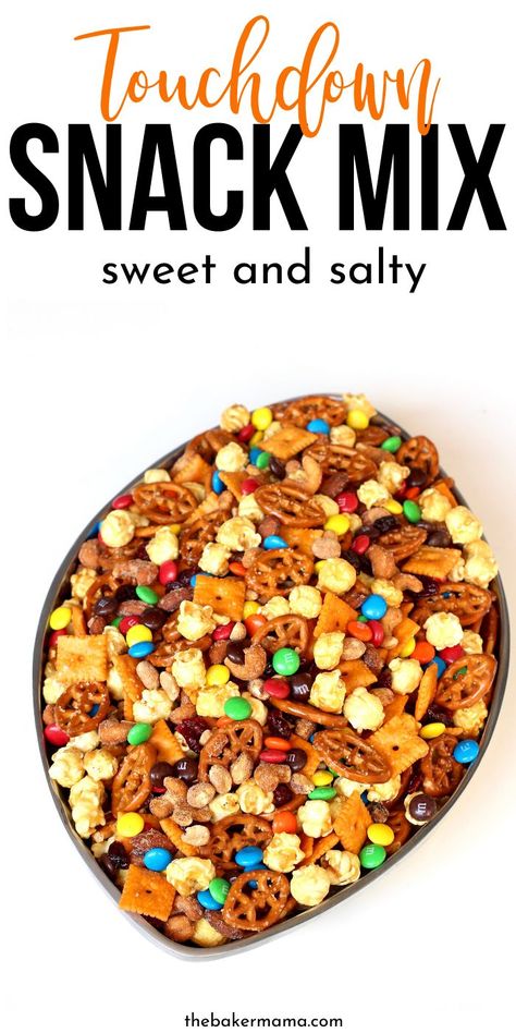 Sweet and salty Snack Mix Recipe that is perfect for game day entertaining. This homemade snack mix is loaded with color, salty snacks, and a nice selection of sweet items. #gameday #appetizer #snackmix #snacking #sweet #salty #recipe Ball Park Snacks, New Years Eve Snacks Appetizers, Homemade Road Trip Snacks, Kids Snack Mix, Easy Trail Mix Recipes, Baker Mama, Sweet Snack Mix, Fall Snack Mixes, Easy Snack Mix