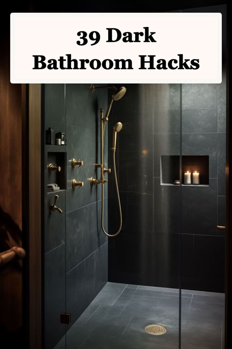 Illuminate your dark bathroom with style through integrated lighting magic Dark Ensuite Ideas, Dark Tiles Bathroom Ideas, Black Wall Tiles Bathroom, Dark Bathroom Lighting, Dark Shower Bathroom, Bathroom Dark Floor Light Walls, Dark Tile Master Bath, Dark Shower Ideas, Small Dramatic Bathroom