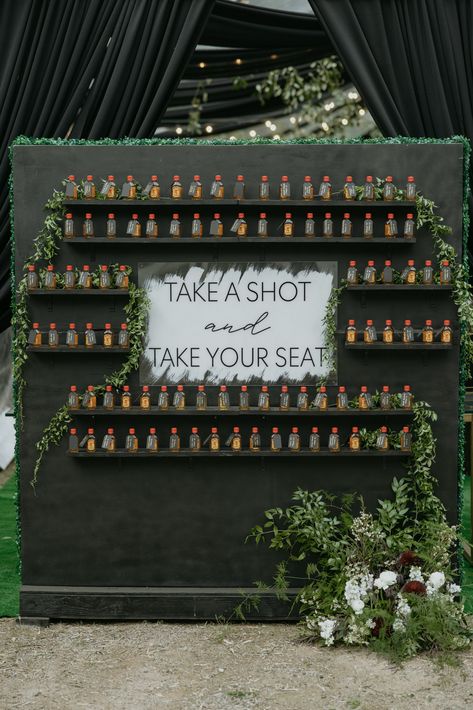 Fireball Wall Wedding, Wedding Seating Chart Drinks, Fireball Seating Chart, Alcohol Seating Chart Wedding, Shots Seating Chart Wedding, Shot Glass Place Cards Wedding, Drinks Seating Chart, Cocktail Seating Chart Wedding, Drink Wall Seating Chart