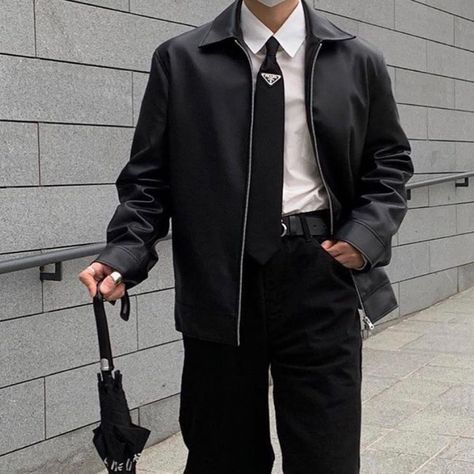 Semi Formal All Black Outfit Men, Business Formal Outfits Men, Leather Jacket Suit, Leather Jacket Outfit Men Formal, Leather Jacket Formal Outfit, Aesthetic Black Outfits Men, Business Core Fashion, Prada Tie Outfit, Farewell Outfits