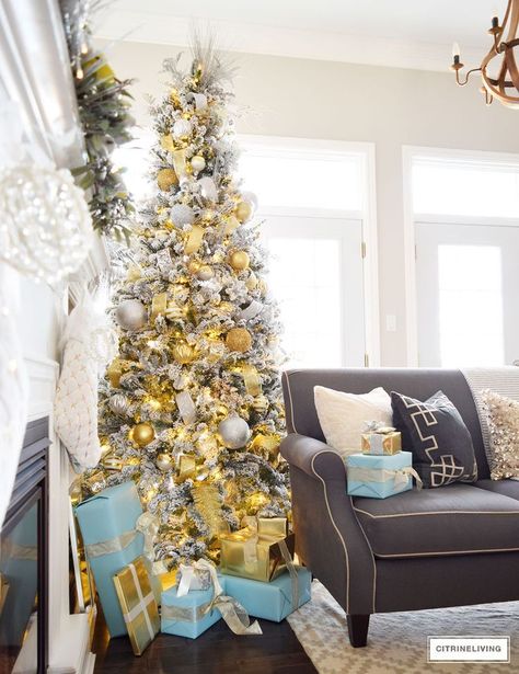 HOLIDAY HOME SHOWCASE 2016 | Silver and gold elegant Christmas tree accented with tiffany blue and gold gifts. #christmasdecor Yellow Christmas, Christmas Tree Decor Ideas, Tree Decor Ideas, Holiday Greenery, Elegant Christmas Trees, Christmas Decor Inspiration, Gold Christmas Decorations, Gold Holiday, Christmas Tree Inspiration