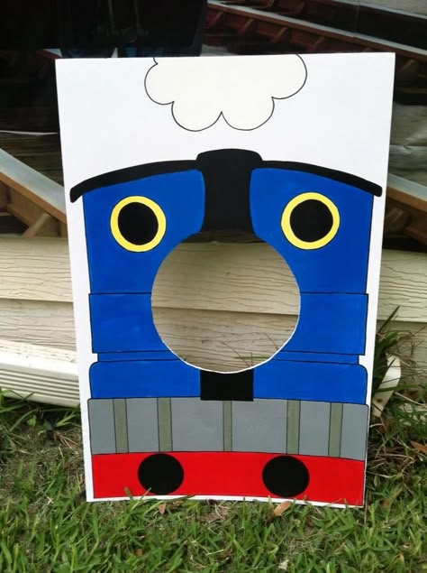 My "Thomas the Train" photo prop Thomas Train Party Ideas, Train Photo Booth Diy, Thomas The Train Party Games, Thomas The Tank Party, Thomas The Train Craft, Train Theme Party Games, Thomas The Train Birthday Party Diy, Thomas Tank Party, Thomas 2nd Birthday Party