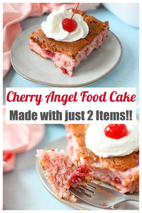 2 Ingredient Cherry Angel Food Cake comes together with just 2 ingredient items. You won't need eggs, water, oil, or anything but cherry pie filling, and Angel food cake to bake this up. It is a perfect summertime cake that you have to make to experience! This fluffy, cherry cake is loaded with moist cherry chunks and can be made in a 9 x 13 cake pan, or a Bundt pan. #cherry #angelfoodcake #angelcake #cherrycake #cherrypiefilling via @sizzlingeats Angel Food And Pie Filling Cake, Angel Food 2 Ingredient Cake, Angel Food Cake With Pie Filling, Pie Filling And Angel Food Cake, Angel Food Cake And Pie Filling, Angelfood Cake Recipes 2 Ingredients, 2 Ingredient Angel Food Cake, Cake Mix Pie Filling And Eggs, Angel Food Cake Pie Filling Recipe