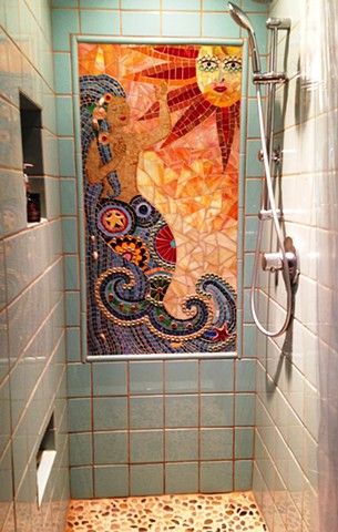 Aztec Tile Floor, Mosaic Wall Bathroom, Mosaic Art Bathroom, Shower Mosaic Tile Ideas, Mosaic Bathtub, Cool Showers, Mosaic Shower Wall, Mermaid Mosaic, Mosaic Shower Tile